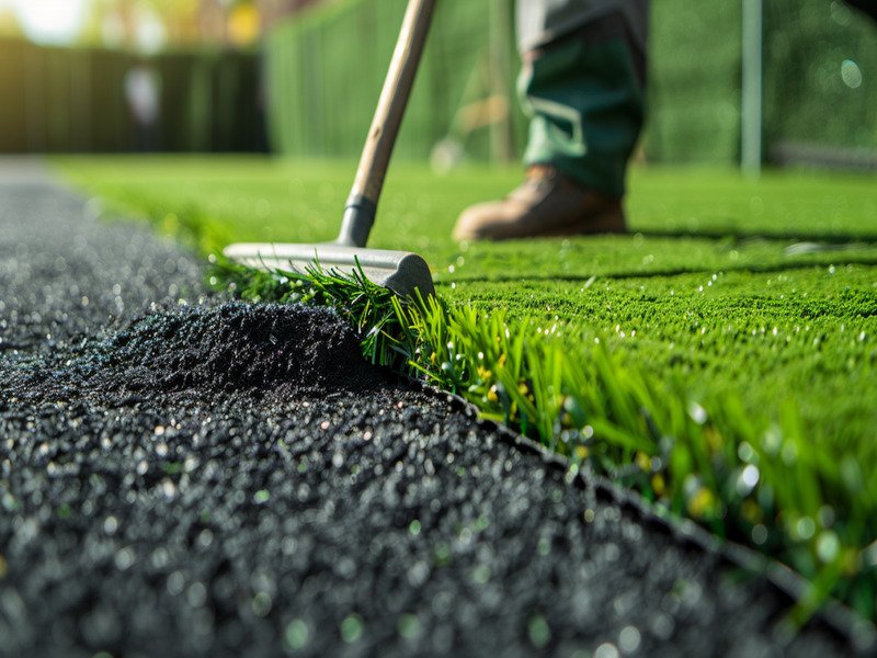A professional installer using a power broom to evenly distribute infill into a new artificial turf lawn